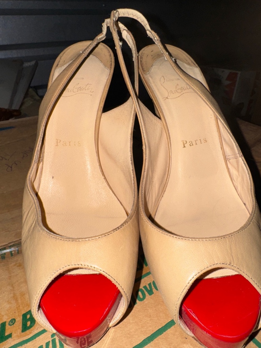 Christian Louboutin Beige Leather Peep-Toe Slingback Heels with Red Toe and Sole